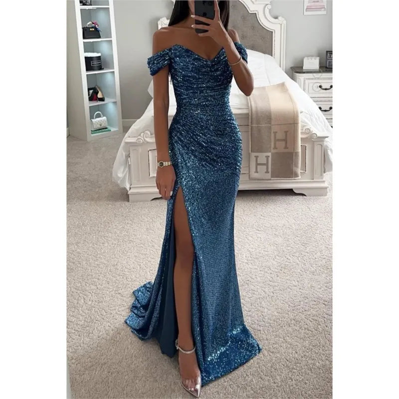 Women's Sexy Party Maxi Dress New Sequined One-line Collar Slit Dress Casual Fashion Prom Eveging Dresses For Women Robe Femme