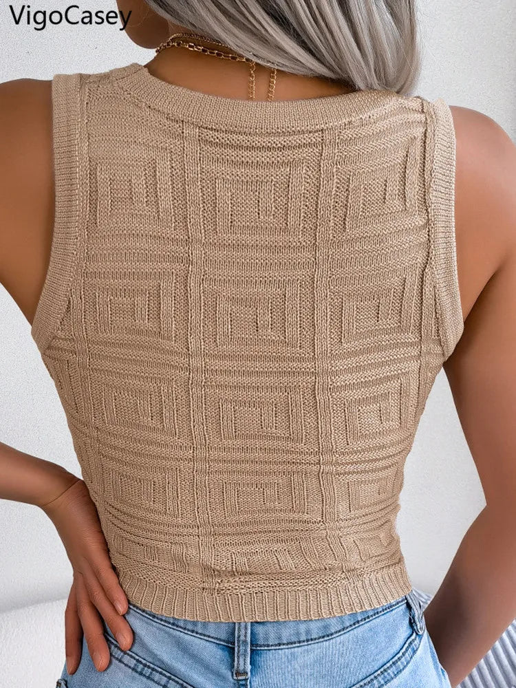 VigoCasey 2025 Summer Lady Sexy Bodycon Crop Top Women Solid Hollow Knit Vest Female Sleeveless Casual Club Short Tops Clothes