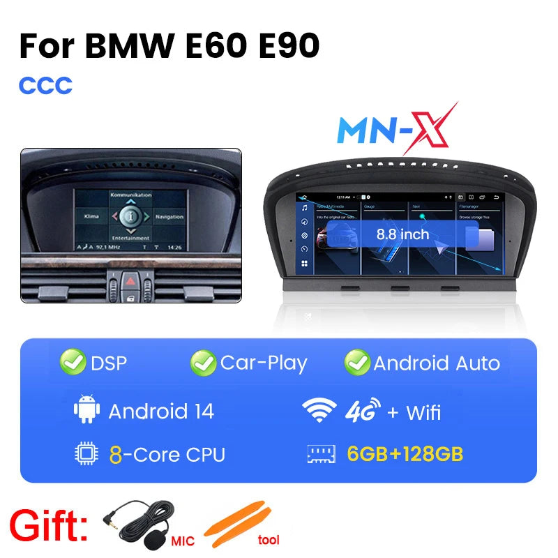 4G LTE 128GB Android 14 Car Multimedia Radio Player For BMW 3 Series E60 E61 E63 E64 5 Series E90 E91 E92 E93 CarPlay Navigation