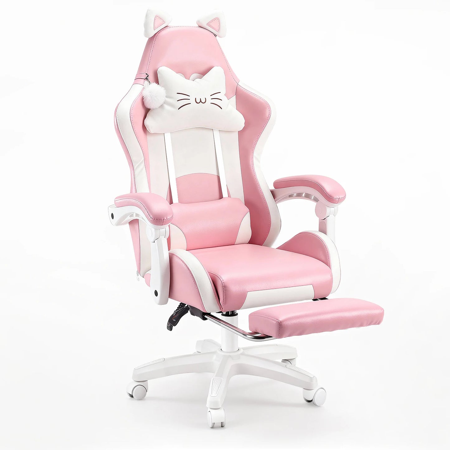 Gaming Chair with Cat Ears, Computer Armchair with Footrest and Lumbar Support, Height Adjustable Game Chair, 360°-Swivel Seat