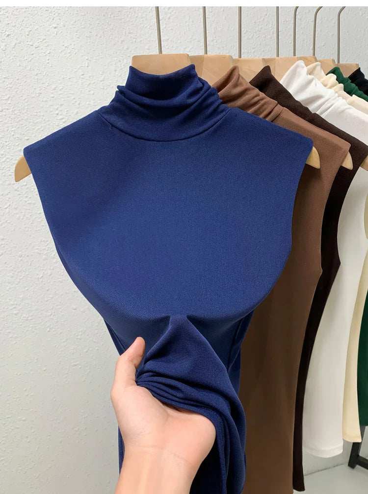 Elastic Mesh High Neck T-shirt New Women's Solid Color Plus Size Sleeveless Basic Top