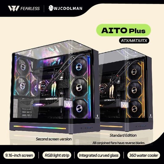 WJCOOLMAN AITO Plus ATX PC case 9.16-inch software screen RGB light strip 360 water cooler curved glass computer case