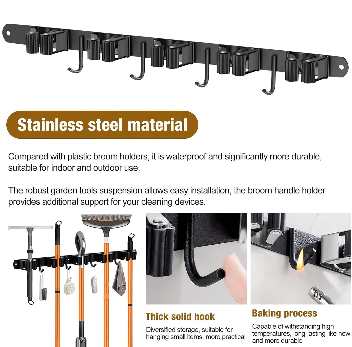 Wall Mount Broom Holder Stainless Steel 5 Racks With 4 Hooks Mop Broom Organizer Heavy Duty Laundry Room Garage Storage Hanger