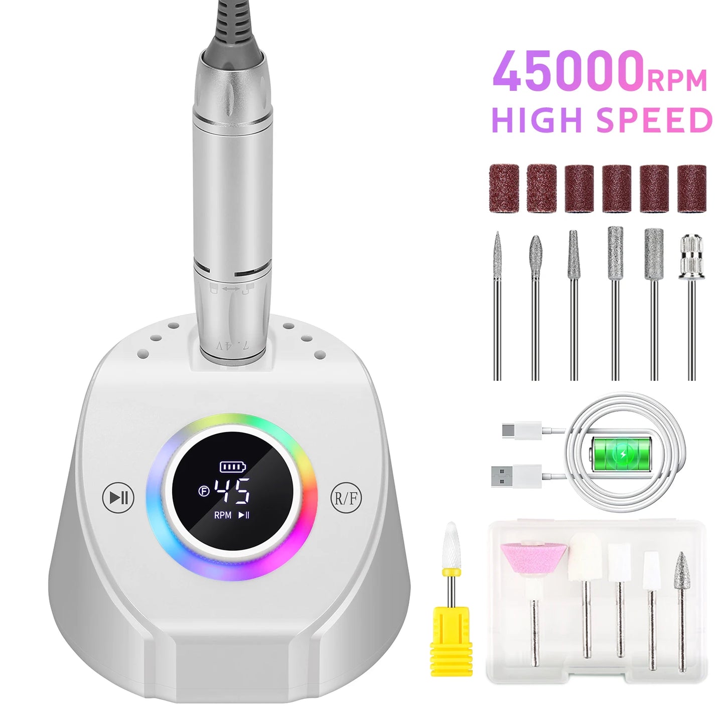 45000RPM Professional Rechargeable Electric Nail Drill Machine With Base Portable Cordless Nail File For Acrylic Gel Nail Remove