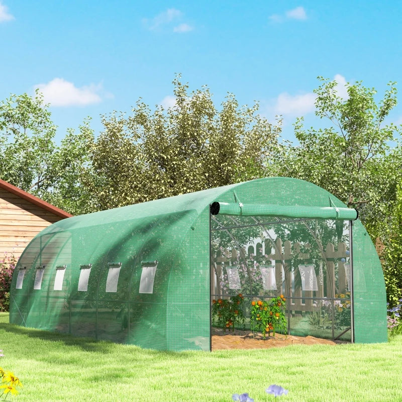 Polytunnel greenhouse with plastic cover and steel frame, walk-in greenhouse tent with roll-up doors, green