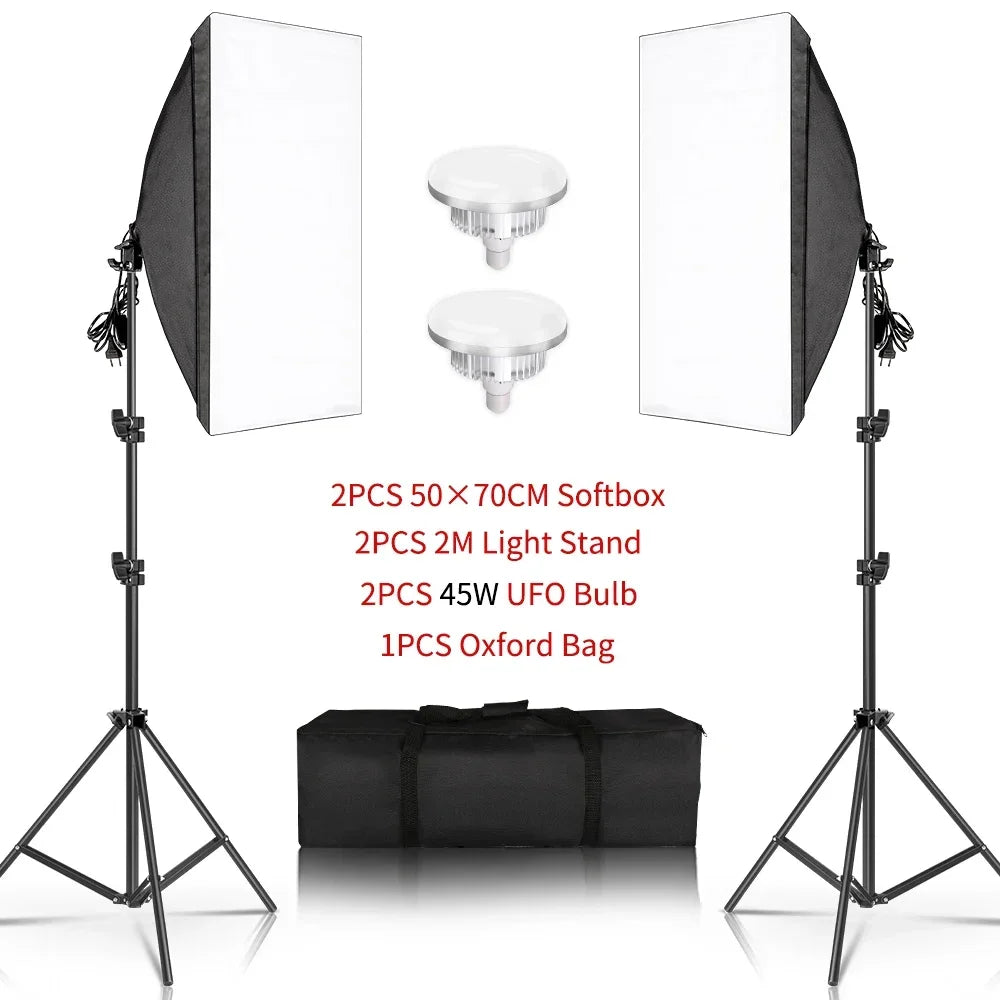 50x70CM Softbox Lights With Cross Arm E27 Photographic Bulbs Professional Photo Studio Continuous Lighting Kit With Tripod Stand