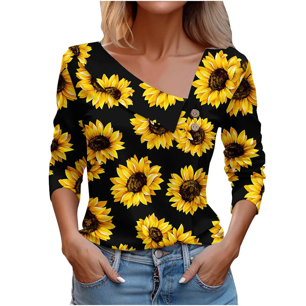 T Shirt For Women Fashion Long Sleeve Top White Floral Print Shirts And Blouses Autumn Winter Clothes For Women