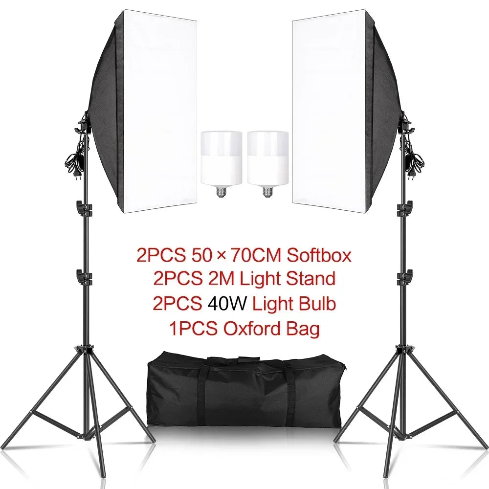 50x70CM Softbox Lights With Cross Arm E27 Photographic Bulbs Professional Photo Studio Continuous Lighting Kit With Tripod Stand