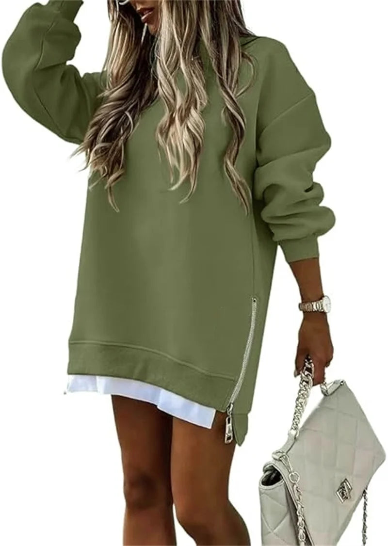 Women's  Spring Autumn Fashion Splicing Side Zipper Design Sweatshirt Round Neck Long Sleeved Mid Length Irregular  Tops