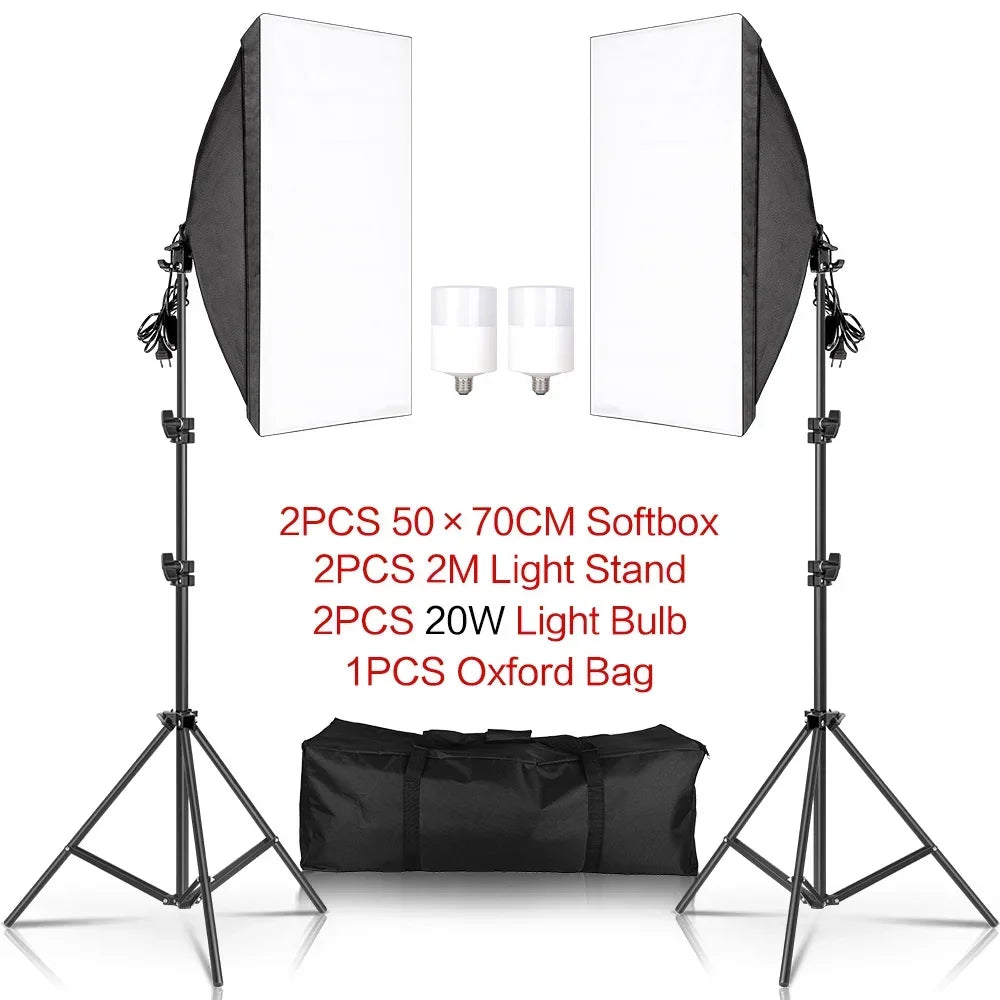 50x70CM Softbox Lights With Cross Arm E27 Photographic Bulbs Professional Photo Studio Continuous Lighting Kit With Tripod Stand