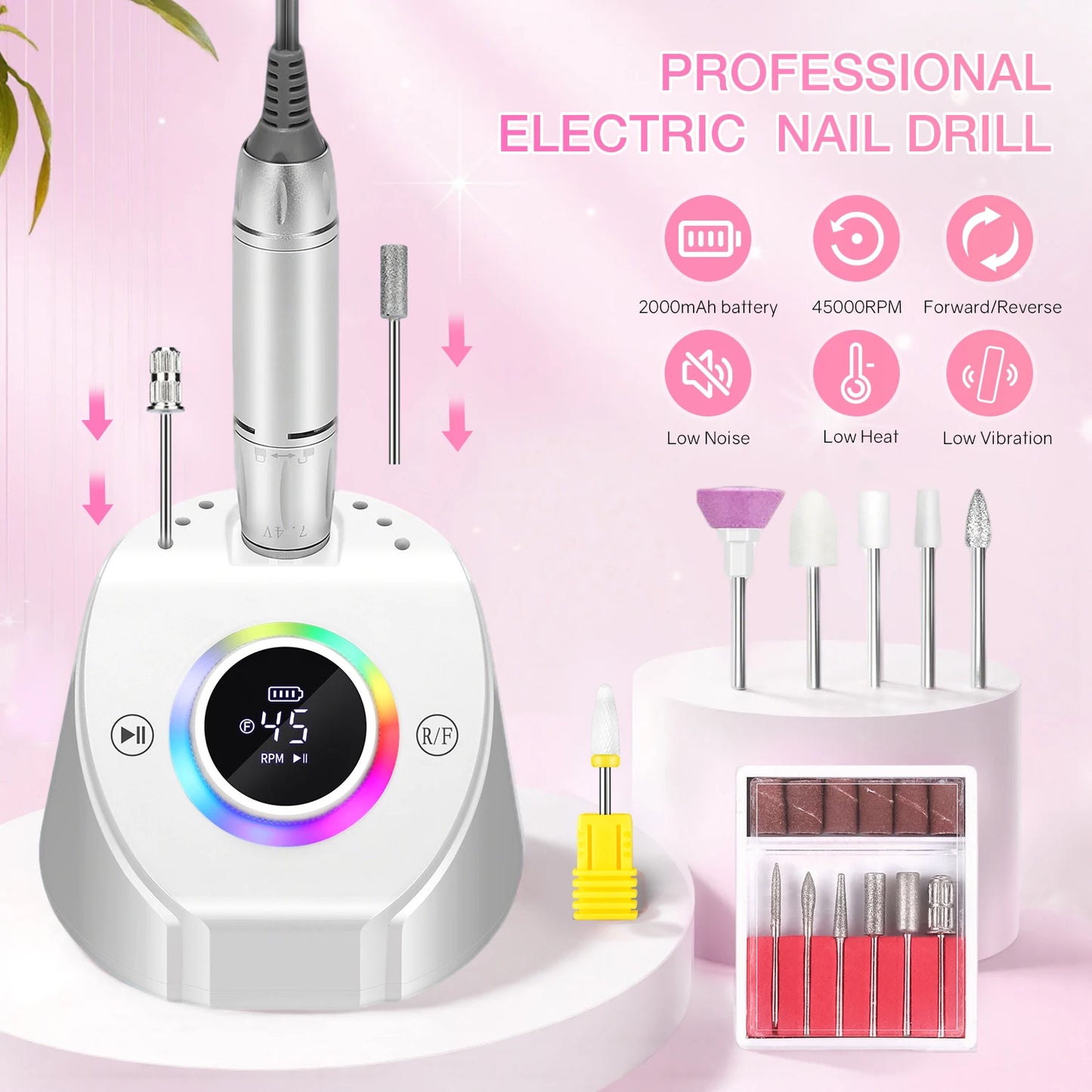 45000RPM Professional Rechargeable Electric Nail Drill Machine With Base Portable Cordless Nail File For Acrylic Gel Nail Remove