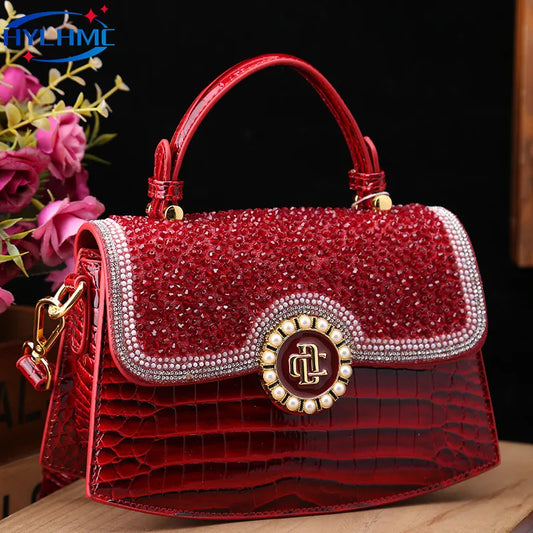 Fashion Diamonds Women Handbags 2023 Red Genuine Leather Lady Shoulder Messenger Bag Crocodile Pattern Portable Shell Tote Bags