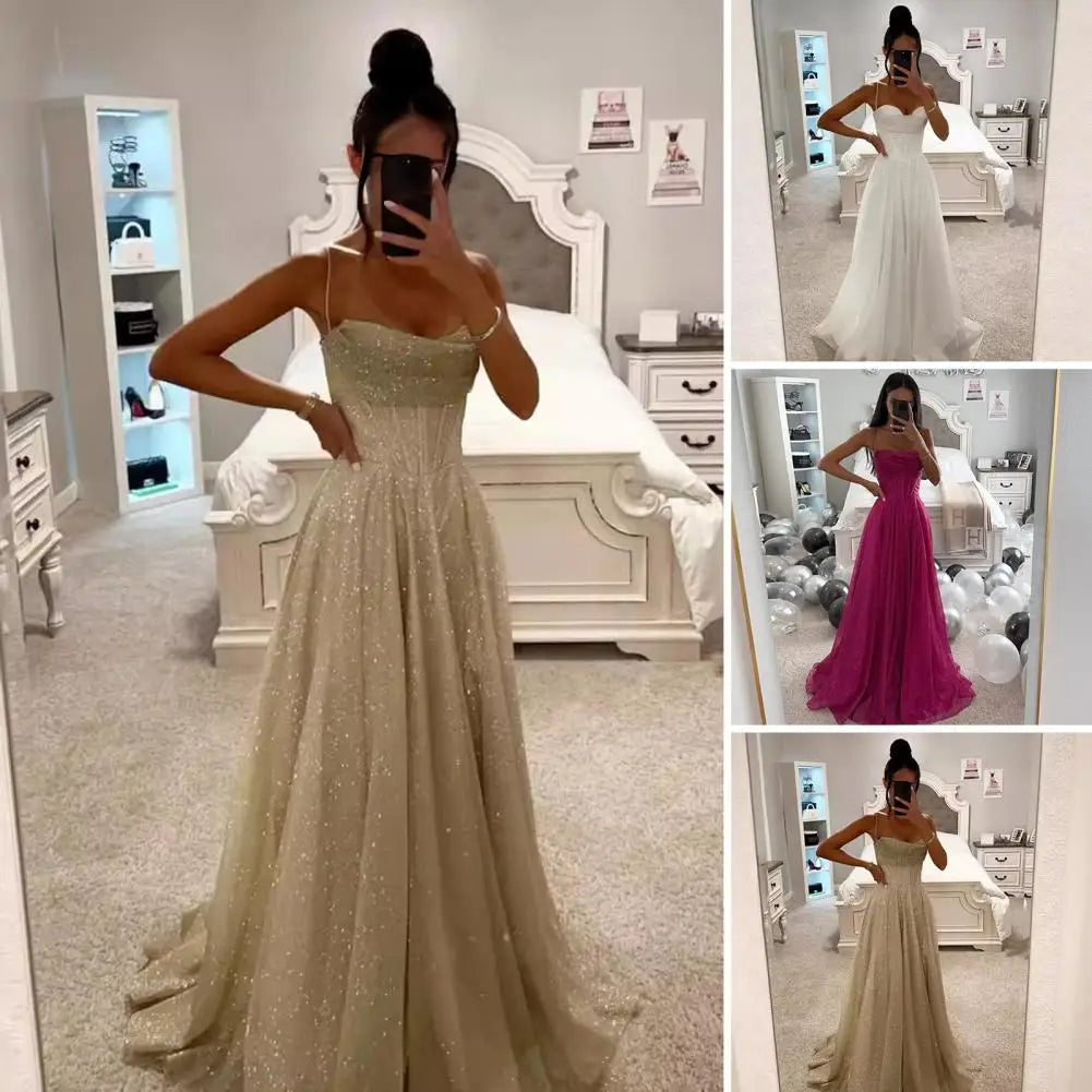 Off-the-shoulder Formal Gown Elegant Sequin Ball Gown for Prom Wedding Evening Events Backless A-line Floor Length Dress