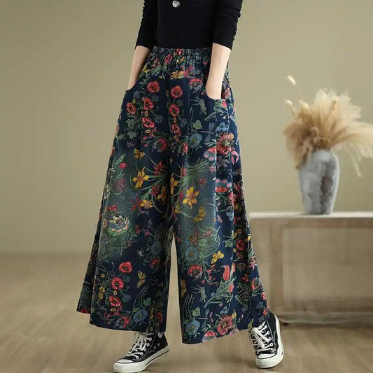 Women's 2025 Spring Autumn Bestseller Plus Size Denim Pants Floral Print Elastic Waist Loose Versatile Straight Wide-Leg Jeans