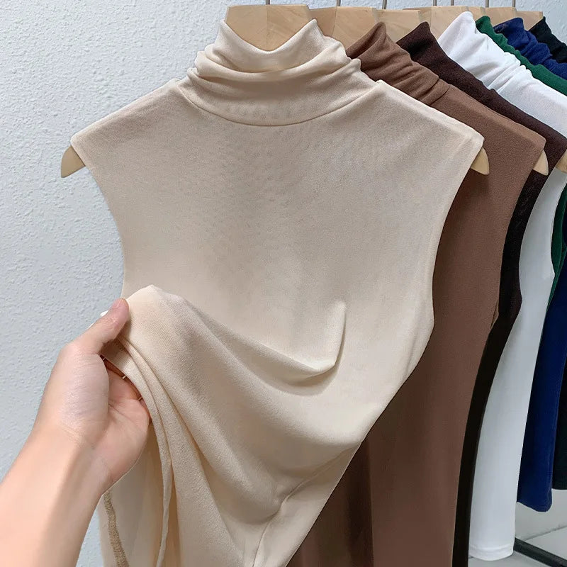 Elastic Mesh High Neck T-shirt New Women's Solid Color Plus Size Sleeveless Basic Top