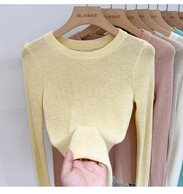 Spring  Basic O-Neck Slim T-Shirt Women Solid Multi Color All-Match Trend Casual Top Screw Knit Long Sleeve Elastic Office Lady
