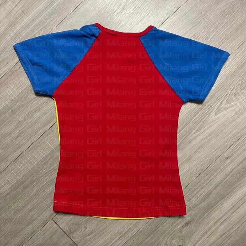 Y2k Aesthetics Colombia Print Punk Grunge Patchwork T-shirt Goth Streetwear Retro Casual Slim Women Short Sleeve Sexy Crop Top