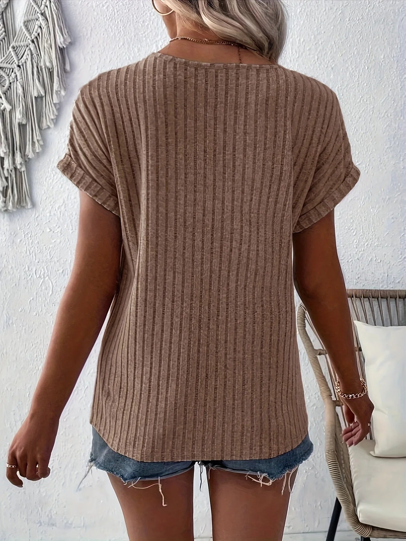 Spring/summer new solid color ribbed top V-neck button decorated elegant T-shirt ladies S-2XL