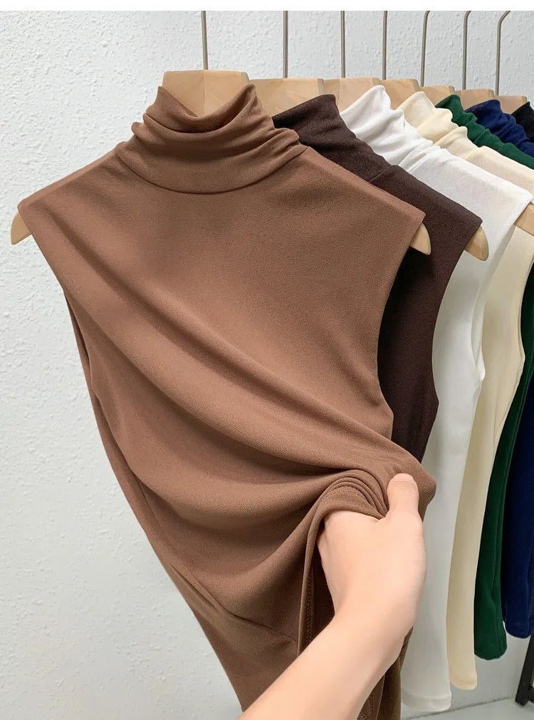 Elastic Mesh High Neck T-shirt New Women's Solid Color Plus Size Sleeveless Basic Top