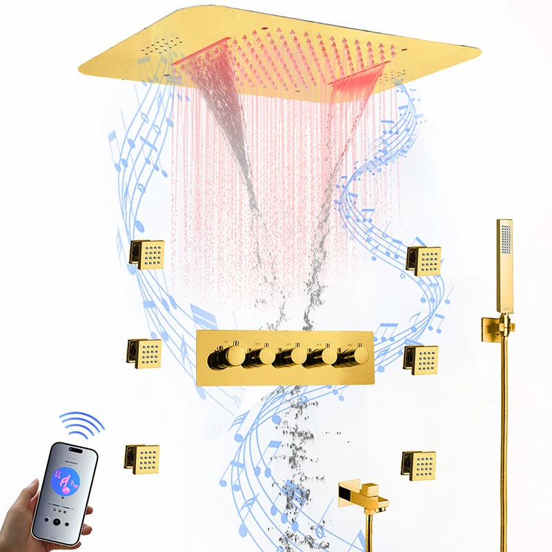 580*380mm Constant-Temperature Shower System Brushed Gold Shower Set LED Light Music Ceiling Hower head Body Massage Nozzle