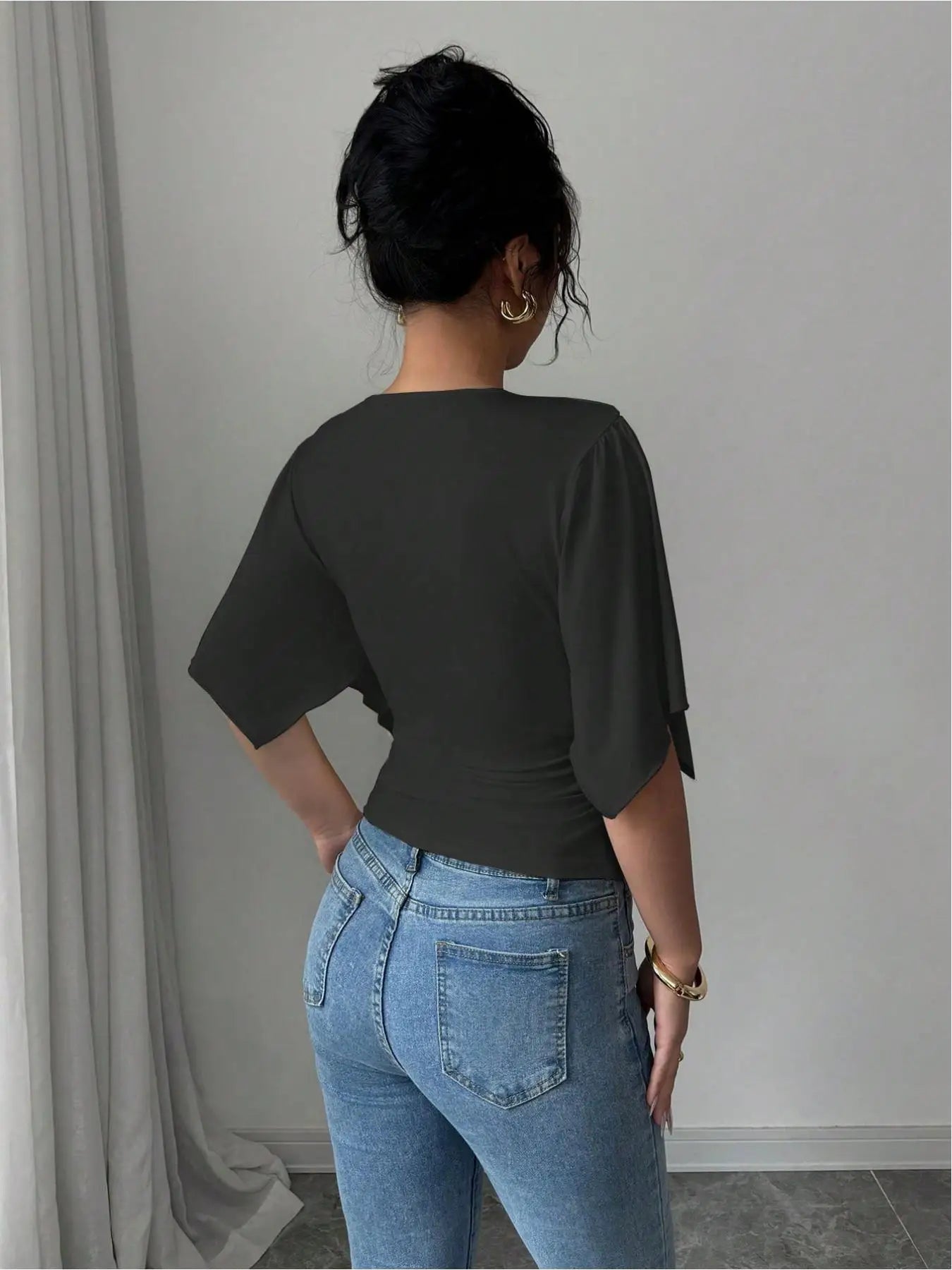 Elegant V-neck versatile trend big sleeve women's T-shirt two-piece set