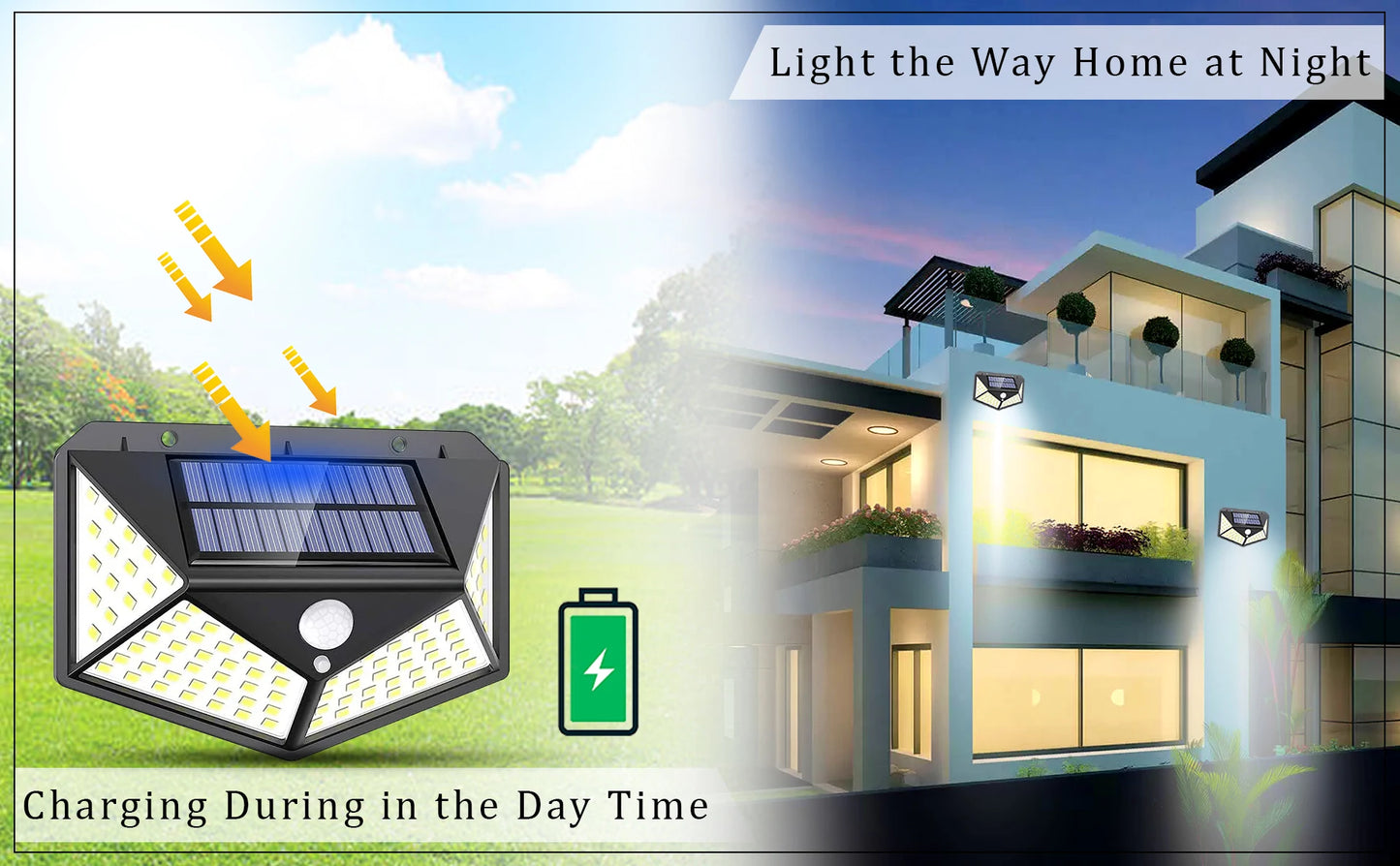 100 LED Solar Motion Sensor Security Light Outdoor Waterproof PIR Spotlight for Yard Garden Path Fence Decoration