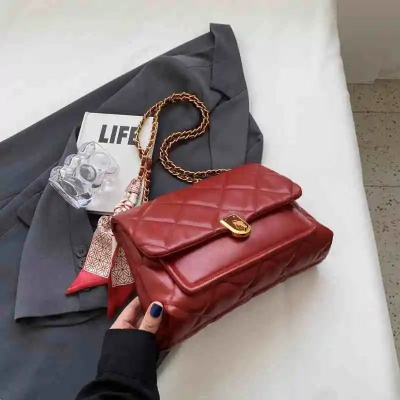 Light Luxury Elegant Red Plaid Chains Shoulder Bag High Quality Fashion Girls New Crossbody Bag Large Capacity Commuter Bag