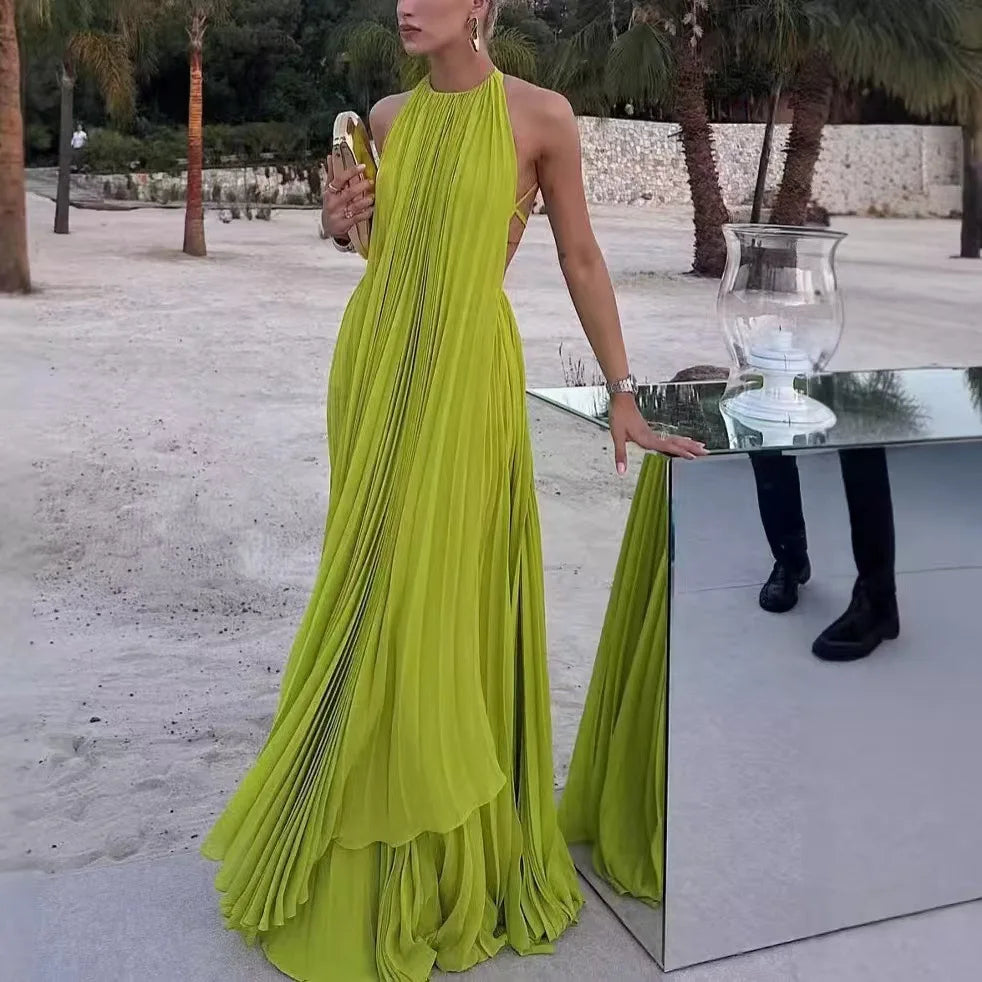 Fashion O Neck Sleeveless Long Top + Skirt Women 2pc Set Sexy Hollow Out Backless Beach Suit Casual Pleated Holiday Party Outfit