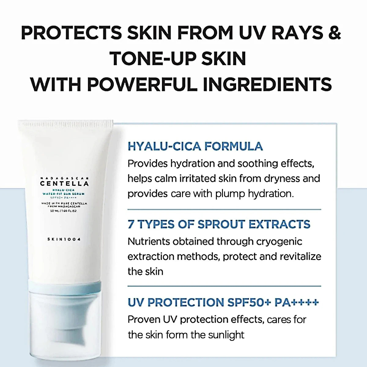 SKIN1004 Madagascar Centella Hyalu-Cica Water-Fit Sun Serum SPF50+ PA++++,Non-Stripping,Strong Sun Shield,K-Beauty,Korean Makeup