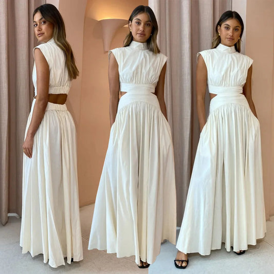 New Holiday Style, Solid Color Waist Empty And Sexy Waist Pleated Large Skirt Dress