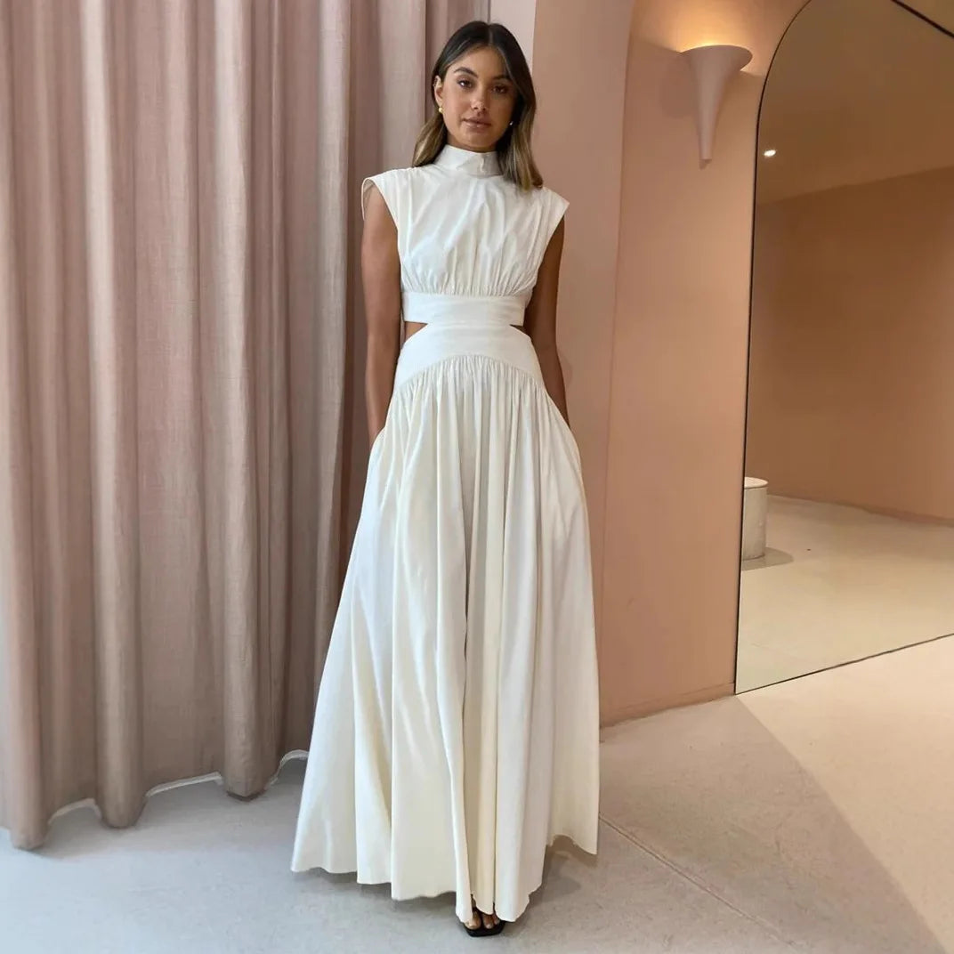 New Holiday Style, Solid Color Waist Empty And Sexy Waist Pleated Large Skirt Dress