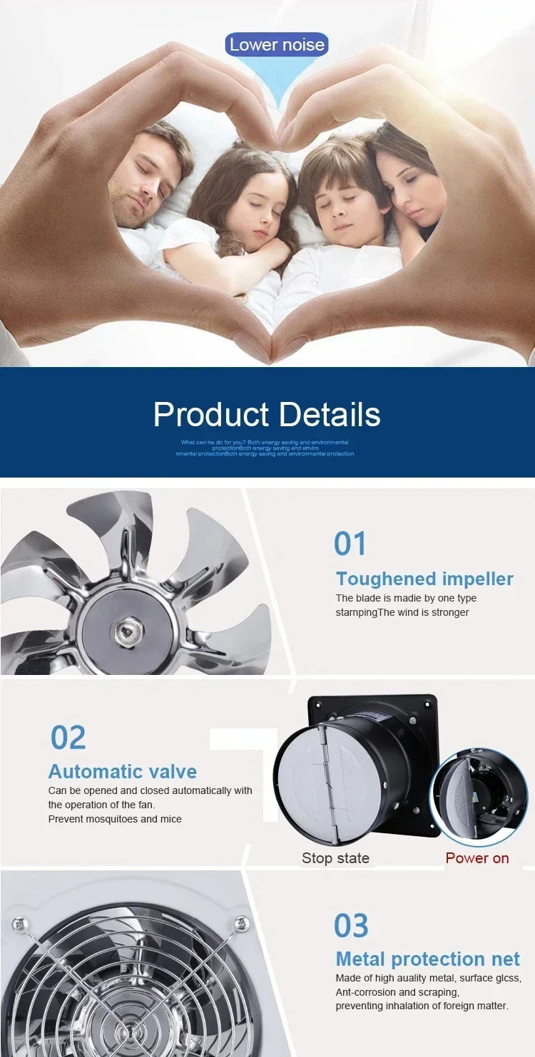 4/6/8" Exhaust Fan Metal Iron Ventilation Extractor,Silence with Anti-backflow Check Valve Window&Wall Mount Vent Fans for Home