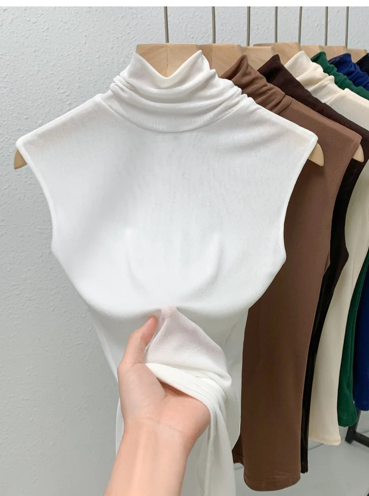 Elastic Mesh High Neck T-shirt New Women's Solid Color Plus Size Sleeveless Basic Top