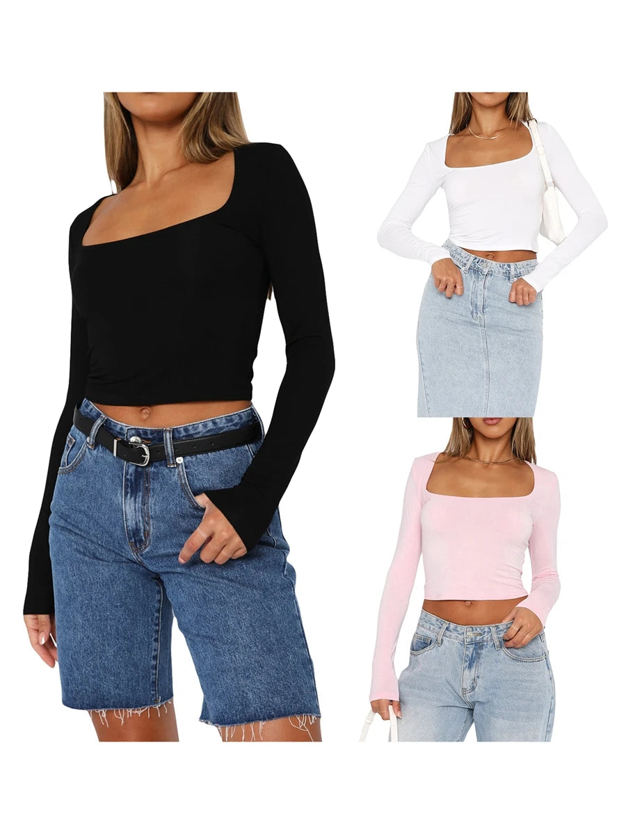 Women's Slim Fit Crop Tops Fashion Long Sleeve Square Neck Solid Color Pullover Basic T-Shirt Dressy Blouses 2024 New Streetwear