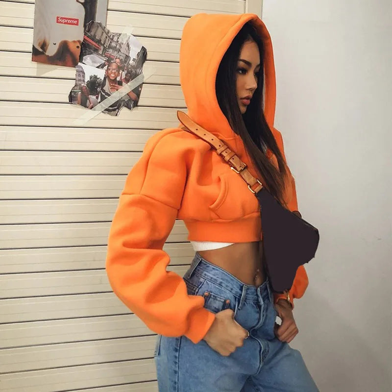 Cropped Zip Up Hoodies Women Streetwear Vintage with Pockets Short Sweatshirt Femme Outwear Harajuku Y2K Solid Hooded Jackets