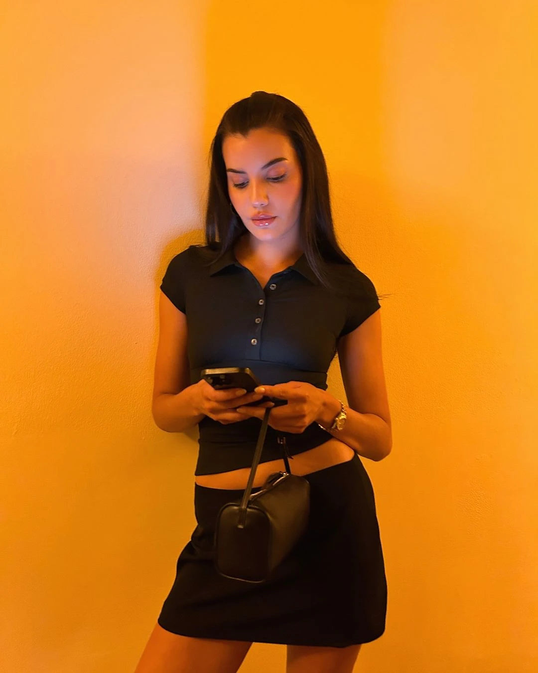 Tank Black Polo Collar T-Shirt, Slim Fit and Sexy Short-Sleeved Summer Women's Short Top