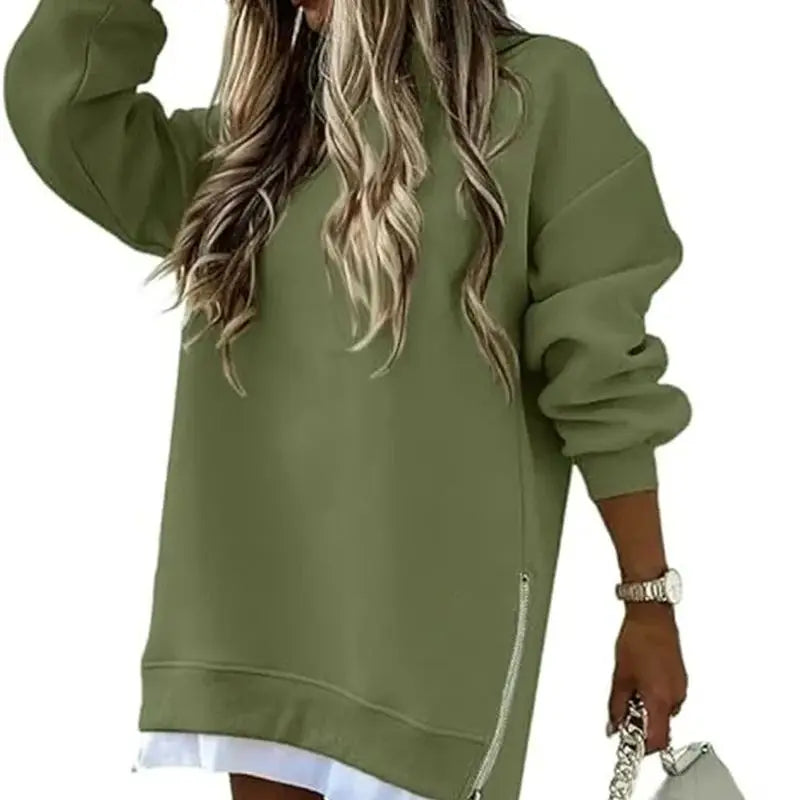 Women's  Spring Autumn Fashion Splicing Side Zipper Design Sweatshirt Round Neck Long Sleeved Mid Length Irregular  Tops