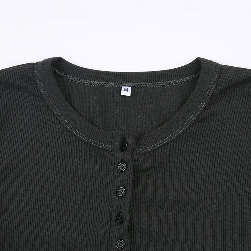 Y2K Women Basic Crop Top Fairy Grunge Long Sleeve Button Slim Fit Brown Tee Harajuku Aesthetic T-shirt 2000s Vintage Streetwear