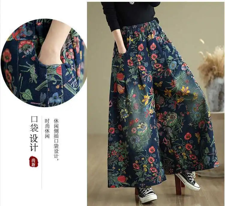 Women's 2025 Spring Autumn Bestseller Plus Size Denim Pants Floral Print Elastic Waist Loose Versatile Straight Wide-Leg Jeans