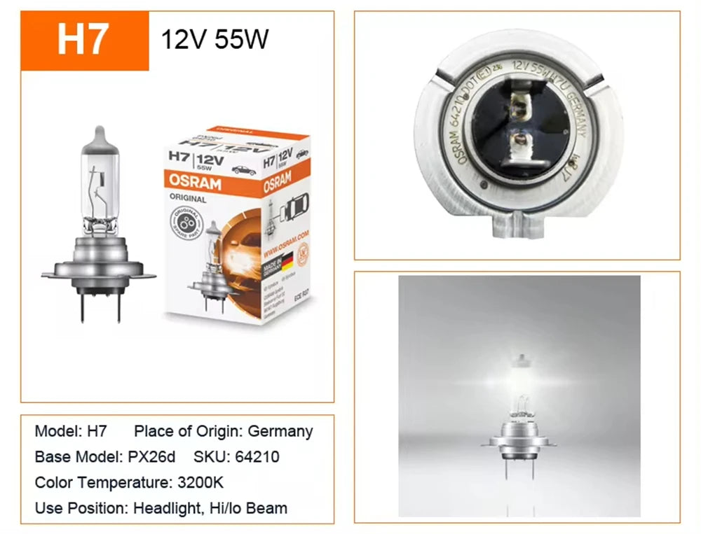 OSRAM H7 64210 PX26d ORIGINAL LINE Lamp 3200K Headlight 12V 55W Hi/lo Beam Car Halogen Standard Bulbs ECE Made in Germany