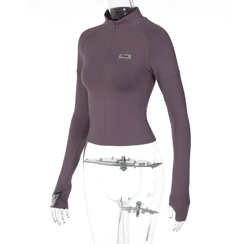Women Y2K Tops Zipper Long Sleeve Causal Basic Skinny T Shirt Streetwear Solid Pullovers Harajuku Crop Tops Female Clothes