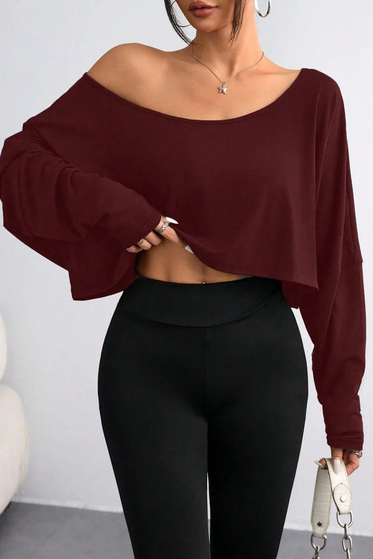 Spring 2025 Women's Loose Collar Base Fashion Crop T-Shirt Long Sleeve Casual Comfortable Line Neckline Solid Short Top