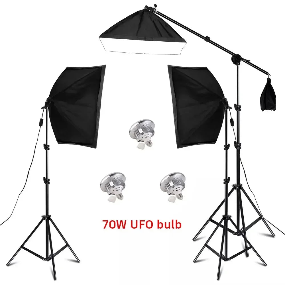 50x70CM Softbox Lights With Cross Arm E27 Photographic Bulbs Professional Photo Studio Continuous Lighting Kit With Tripod Stand