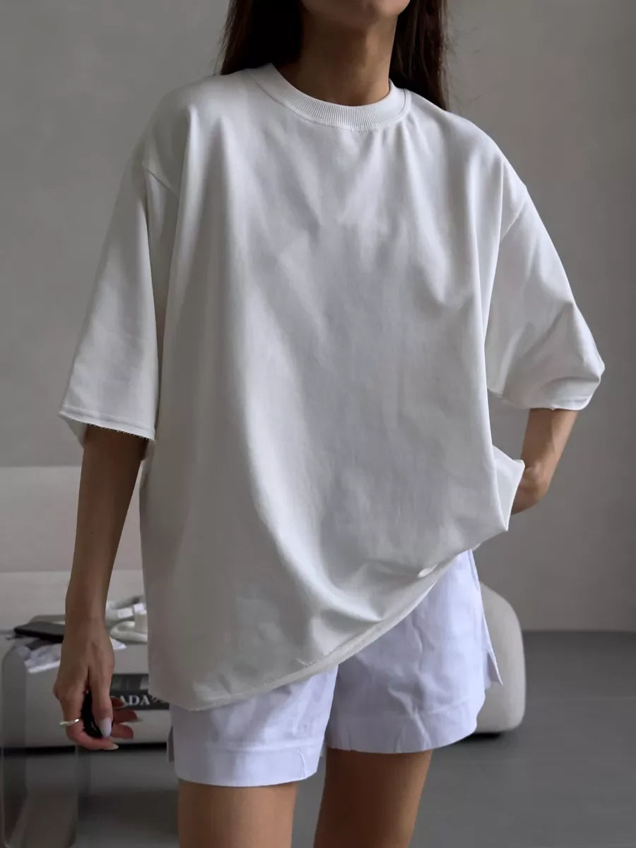 Hirsionsan Summer Casual Oversized T-shirts Women 100% Cotton Pink Loose Tees 2025 New Cusual Solid O Neck Female Aesthetic Tops