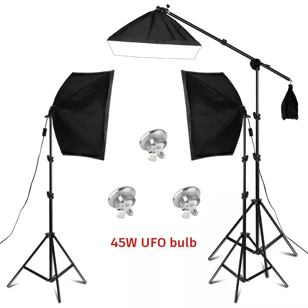 50x70CM Softbox Lights With Cross Arm E27 Photographic Bulbs Professional Photo Studio Continuous Lighting Kit With Tripod Stand