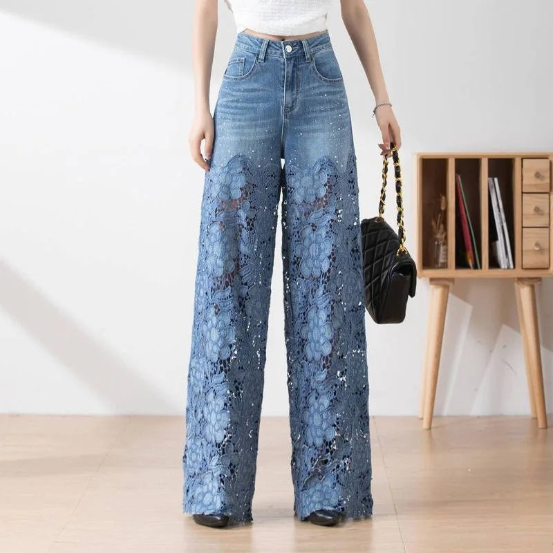 Y2k Women's cute jeans High Leg Waisted Wide  2025 Spring Summer Fashion Hollow Lace Patchwork Denim Pants