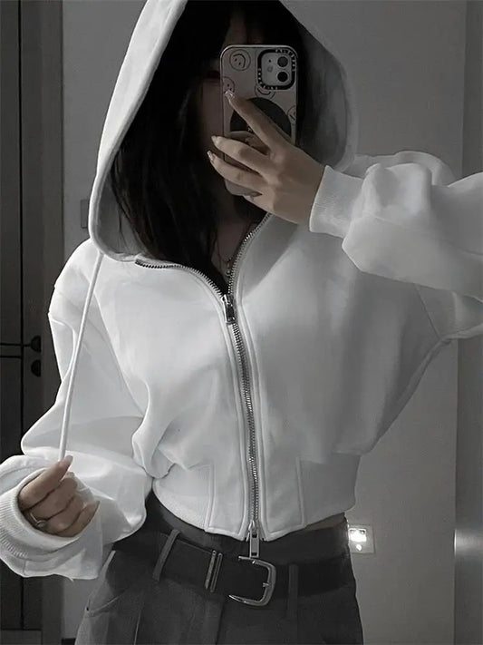 Casual Short Hooded Sweatshirt Women Zip Up Hoodies Mujer Solid Harajuku Long Sleeve Slim fit Crop Top Female Jackets Coat