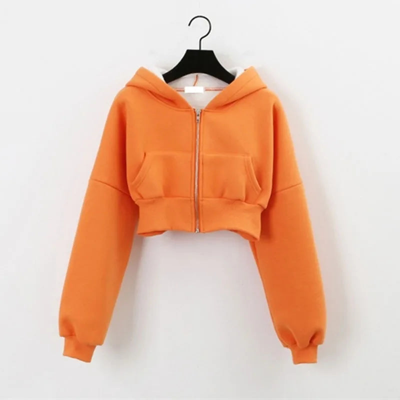 Cropped Zip Up Hoodies Women Streetwear Vintage with Pockets Short Sweatshirt Femme Outwear Harajuku Y2K Solid Hooded Jackets