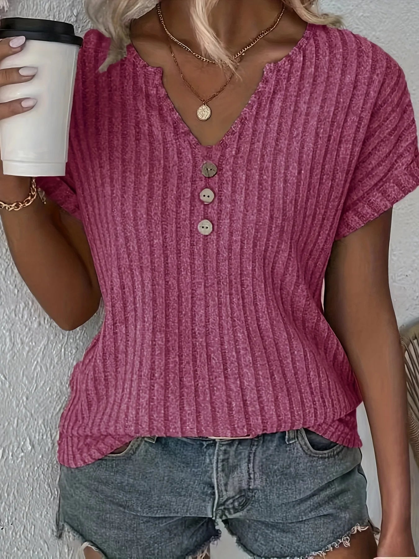 Spring/summer new solid color ribbed top V-neck button decorated elegant T-shirt ladies S-2XL