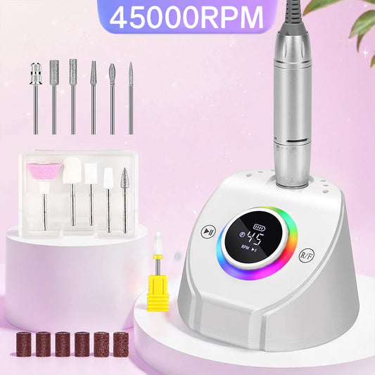 45000RPM Professional Rechargeable Electric Nail Drill Machine With Base Portable Cordless Nail File For Acrylic Gel Nail Remove